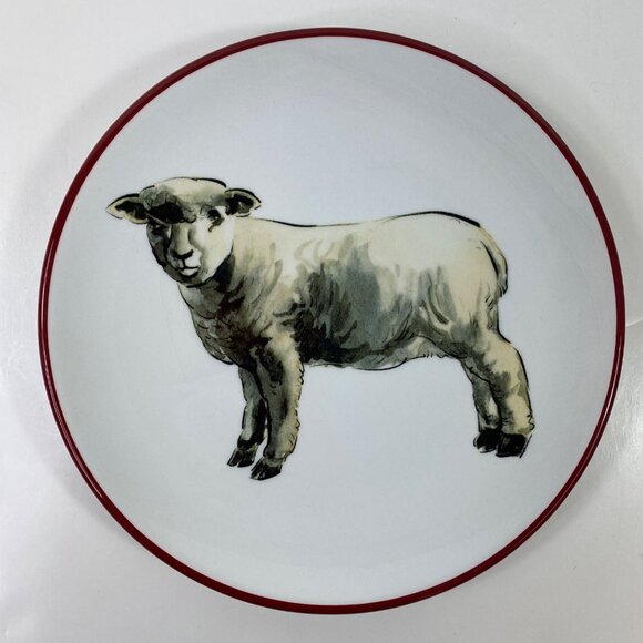 Omniware 8.5" Stoneware Sheep Salad Plate Red Rim Vintage - Picture 1 of 4